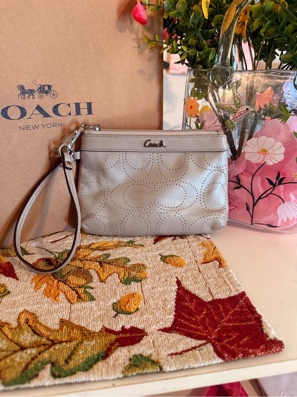 Coach Light Gray Perforated Leather Wristlet